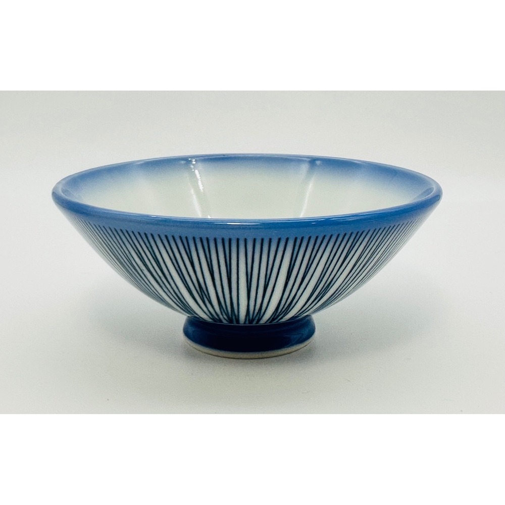 Japanese Zuizan Blue White Tokusa Stripe Porcelain Rice Bowl 4.5" Footed Small